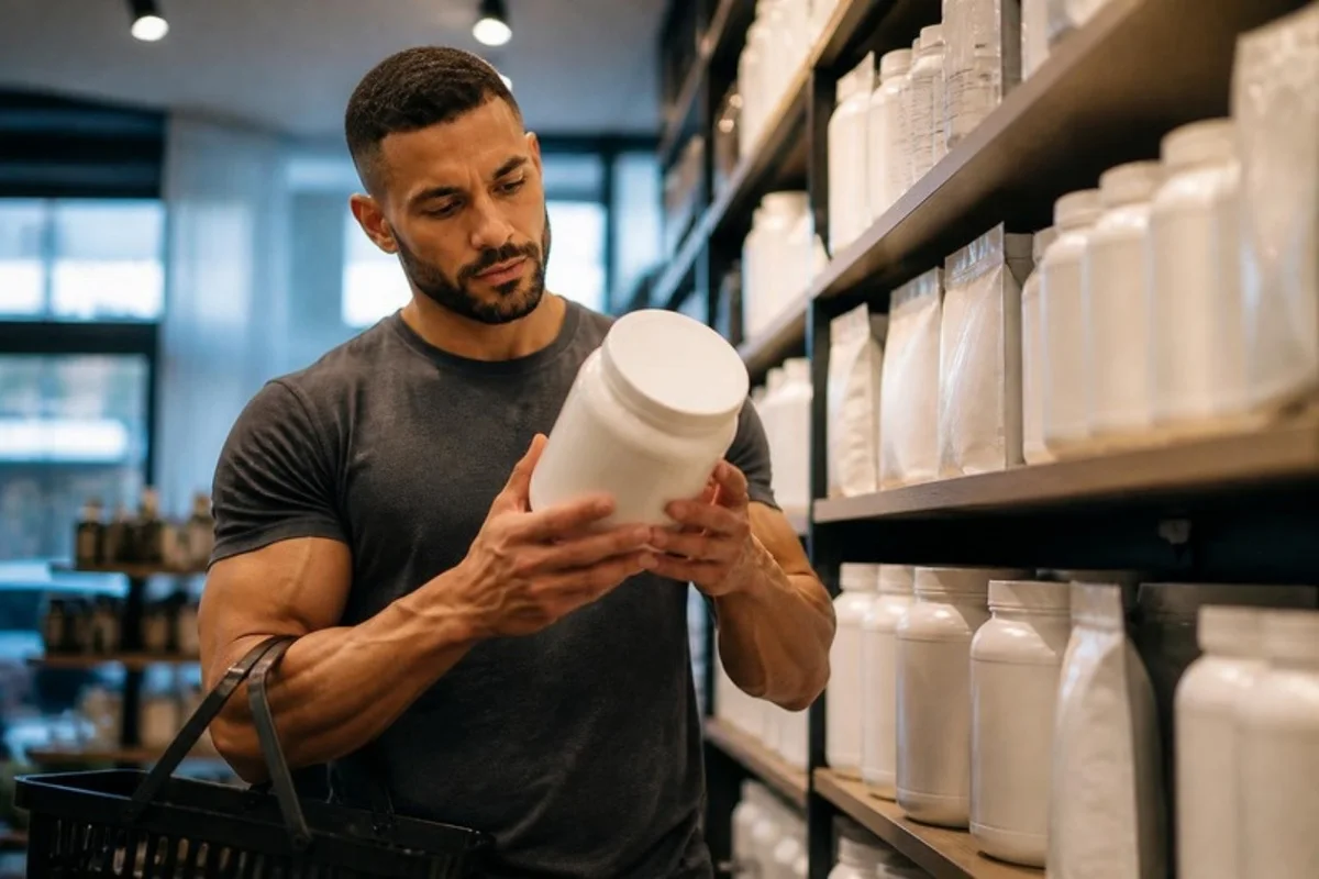 Atleta numa loja de suplementos virando um pote branco sem marca para ler o rótulo, com prateleiras de potes sem marca ao fundo